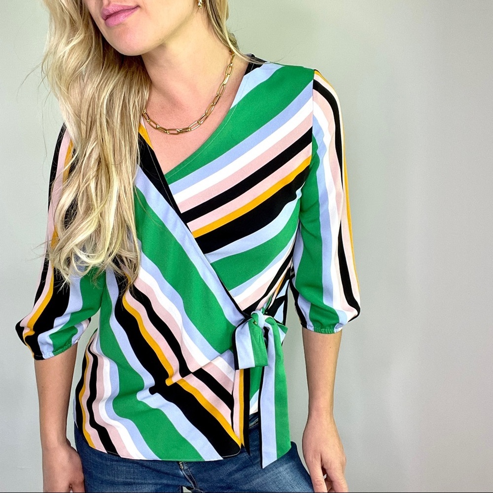 Bar III Green, Black, Blue, Yellow Striped Wrap Style Top New with Tags - Picture 1 of 12